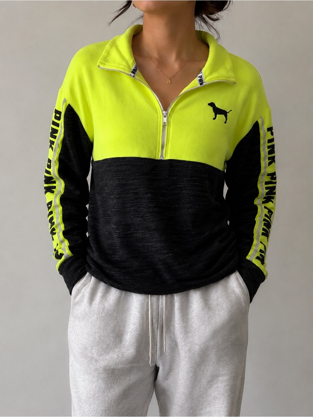 PINK Victoria’s Secret Neon Yellow Quarter Zip Pullover Size Small